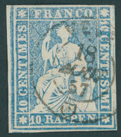 SCHWEIZ BUNDESPOST 14IIByoPF III O, 1855, 10 Rp. Blau, Roter Seidenfaden, Berner Druck II, (Zst. 23Cd), Doppelprägung, D - 1843-1852 Correos Federales Y Cantonales