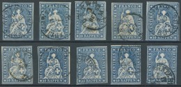 SCHWEIZ BUNDESPOST 14IIBym O, 1859, 10 Rp. Lebhaftblau, Berner Druck III, (Zst. 23G), 10 Prachtwerte In Nuancen - 1843-1852 Kantonalmarken Und Bundesmarken