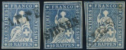 SCHWEIZ BUNDESPOST 14IIBym O, 1859, 10 Rp. Lebhaftblau, Berner Druck III, (Zst. 23G), 3 Werte Mit Verschiedenen L1, Meis - 1843-1852 Federale & Kantonnale Postzegels