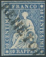 SCHWEIZ BUNDESPOST 14IIBym O, 1859, 10 Rp. Lebhaftblau, Berner Druck III, (Zst. 23G), Diagonaler L1 REHETOB(EL), Zweisei - 1843-1852 Federal & Cantonal Stamps