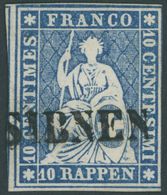 SCHWEIZ BUNDESPOST 14IIBym O, 1859, 10 Rp. Lebhaftblau, Berner Druck III, (Zst. 23G), L1 SIBNEN, Pracht - 1843-1852 Correos Federales Y Cantonales