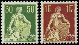 SCHWEIZ BUNDESPOST 107y,109z **, 1933/40, 50 C. Dunkelgrün/hellgrün, Gestrichenes Papier, Glatter Gummi Und 1 Fr. Bräunl - 1843-1852 Federal & Cantonal Stamps