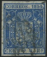 SPANIEN 30w O, 1854, 6 R. Blau, Dünnes Weißes Papier, Pracht, Mi. 300. - Sonstige & Ohne Zuordnung