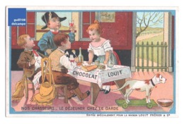 Jolie Chromo Chocolat Louit Imp. Laas Pécaud Thème Chasse Chasseur Déjeuner Chien Victorian Trade Card Hunt Hunter A26-6 - Louit