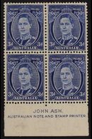 1937-49  3d Bright Blue (Die III), Perf 15 X 14, SG 186, ASH IMPRINT BLOCK OF FOUR, Very Fine Mint (lower Pair Never Hin - Sonstige & Ohne Zuordnung