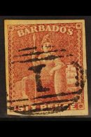 1858  6d Deep Rose-red Britannia, SG 11a, Four Good To Large Margins And Crisp "1" Cancel. For More Images, Please Visit - Barbados (...-1966)