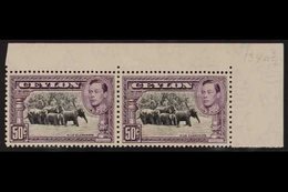 1938  50c Black And Mauve, Wild Elephants, SG 394, Superb Never Hinged Mint Corner Margin Pair. For More Images, Please  - Ceylon (...-1947)