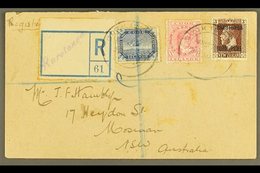 1920  (Aug) Envelope Registered To Australia, Bearing ½d Blue Tern, 1d Rose Queen And 3d Chocolate Tied By Rarotonga Cds - Cookeilanden