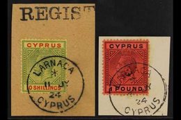 1923  10s & £1 Wmk Multi Crown CA, SG 100/101, Very Fine Used, Each On Piece With Superb Larnaca July 1924 Cds. A Stunni - Autres & Non Classés