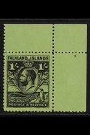 1929-37  1s Black On Bright Emerald Whale & Penguins Line Perf 14, SG 122a, Superb Never Hinged Mint Upper Right Corner  - Islas Malvinas