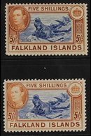 1938-50  KGVI 5s Blue And Chestnut (SG 161), And 5s Dull Blue And Yellow-brown (SG 161c), Very Fine Mint. (2 Stamps) For - Falkland Islands