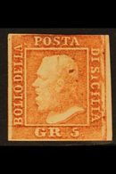 SICILY  1859 5g Vermilion Plate I Position 60 (Sassone 10, SG 4f), Mint With Part Gum, 3+ Margins Just Brushing At Top R - Unclassified