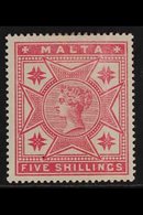 1886  5s Rose, Watermark Crown CC, SG 30, Fine Mint. For More Images, Please Visit Http://www.sandafayre.com/itemdetails - Malta (...-1964)