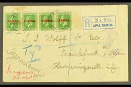 1922  (4 May) Registered Cover To Germany Bearing KGV ½d Strip Of Four, Tied By Apia Cds's; Endorsed "Irregularly Posted - Samoa