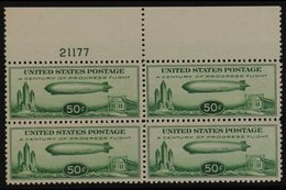 1933  50c Green Graf Zeppelin Air Post, Scott C18 (SG A732) Never Hinged Mint BLOCK OF FOUR WITH PLATE NUMBER. For More  - Other & Unclassified