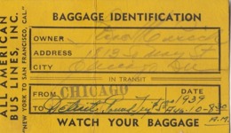 ALL AMERICAN BUS LINES INC BAGGAGE IDENTIFICATION CHICAGO-DETROIT 1939 - Wereld