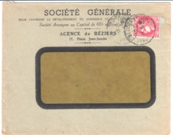 BEZIERS PRINCIPAL Hérault Lettre Entête Société Générale Agence Béziers 2F Rouge Cérès Yv 373 Ob 1942 - Cartas & Documentos