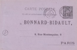 Carte Sage 10 C Noir G4 Oblitérée Repiquage Bonnard Bidault - Overprinter Postcards (before 1995)