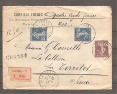 Enveloppe  Recom Charge   PARIS  1912   20 C + 25 C X 2 Semeuse  Pour La Suisse - Otros & Sin Clasificación