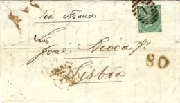1866 - Lettre De London Affr. 1 Shilling Vert  Y & T N°31( Pl.4) " Via France " Pour LISBOA -taxe 80 Reis - Cartas & Documentos