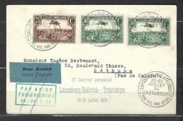Exposition Philatélique Du Luxembourg, 22 - 23 Juillet 1934, Troisième Vol Par Avion ( Béthune - Luxembourg ) - Cartas & Documentos