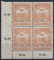 ** 1913 Turul 30f ívsarki Négyestömb Fekvő Vízjellel (104.000) / Mi 119Y Corner Block Of 4 (fogelválások / Aparted Perfs - Sonstige & Ohne Zuordnung