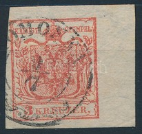 O 1850 3kr HP III. Kárminrózsaszín 7,5-8 Mm Jobb Oldali ívszéllel, óriási Vízjellel, Papírránccal ,,(H)OMONNA' Certifica - Sonstige & Ohne Zuordnung