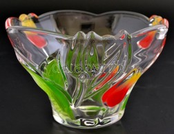 Festett üveg Formába öntött Tulipános Dísztál, Apró Kopásokkal, D: 16 Cm - Glass & Crystal