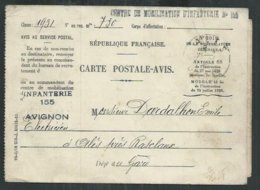 Carte Postale Avis , Centre De Mobilisation D'infanterie Militaire D'Avignon (Vaucluse) Pour Alès (Gard) - Guerre (timbres De)