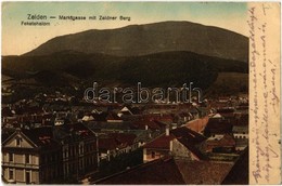 T2/T3 1918 Feketehalom, Zeiden, Codlea; Marktgasse Mit Zeidner Berg / Piac Utca és Feketehegy A Templomtoronyból / Marke - Ohne Zuordnung