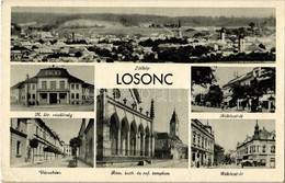 ** T2/T3 Losonc, Lucenec; Látkép, M. Kir. Rendőrség, Rákóczi út, Városháza, Római Katolikus Templom, Református Templom, - Unclassified