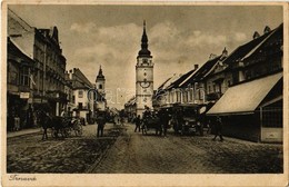 T2/T3 1928 Nagyszombat, Tyrnau, Trnava; Masaryková Ul. / Masaryk Utca, Autóbusz, Templom, üzletek / Street View, Autobus - Ohne Zuordnung