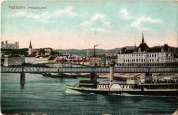 T2/T3 1908 Pozsony, Pressburg, Bratislava; Vár, Vasúti Híd, Gőzhajó. 'Bediene Dich Allein' / Castle, Railway Bridge, Ste - Unclassified