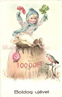 ** T2/T3 Boldog Újévet! / New Year Greeting Card With Child, Clovers, Mushrooms, Money Bag (EK) - Non Classés