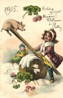 T2/T3 Boldog Újévet / New Year Greeting, Children With Pig, Clovers, Mushrooms (EK) - Zonder Classificatie