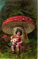 T3 'Boldog Újévet' / New Year Greeting, Girl, Mushrooms, Golden Decorated, Litho (fa) - Non Classificati