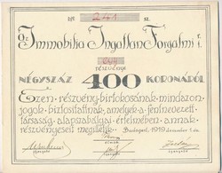 Budapest 1919. 'Az Immobilia Ingatlan Forgalmi Részvénytársaság' Részvénye 400K-ról Szelvényekkel (2x) Sorszámkövetők T: - Ohne Zuordnung