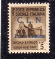 CLN PONTE CHIASSO COMITATO DI LIBERAZIONE NAZIONALE REPUBBLICA SOCIALE 1945 VARIETÀ SOPRASTAMPA NERA CENT. 5 MNH - National Liberation Committee (CLN)