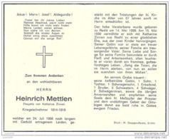 RECHT ..-- Herrn Heinrich METTLEN , Ehegatte Von Katharina ZINNEN . 1899 . 1966 . Kriegsteilnehmer 14 - 18 . - Sankt Vith