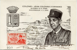 FEZZAN CARTE MAXIMUM DU N°50 COLONEL JEAN COLONNA D'ORNANO AVEC OBLITERATION SEBHA FEZZAN 11-1-1950 - Cartas & Documentos