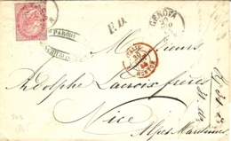 1865- Lettre De Genova Pour Nice  Affr. 40 C + P.D. Noir + ITALIE 2 MENTON 2 Rouge - Entry Postmarks