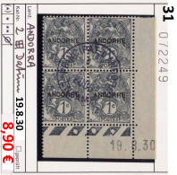 Andorra - Andorre -  Michel 2 Bloc De 4 Avec Coin Daté 19.3.30 - Oo Used Gebruik Oblit. - Usati