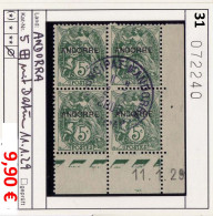 Andorra - Andorre -  Michel 5 Bloc De 4 Avec Coin Daté 11.1.29 - Oo Used Gebruik Oblit. - Gebraucht