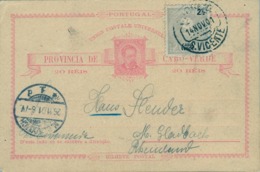 1901 , CABO VERDE , ENTERO POSTAL CIRCULADO , SAN VICENTE - MÖNCHENGLADBACH , FRANQUEO COMPLEMENTARIO - Cap Vert