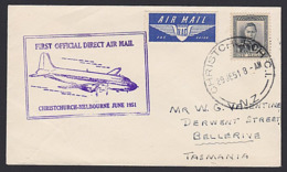 NEW ZEALAND - TASMANIA AUSTRALIA 1951 FLIGHT COVER - Posta Aerea