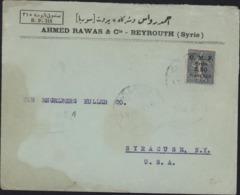 YT 87 Semeuse Lignée  Bleu 50c Surcharge O.M.F. Syrie 2.5 Piastres Enveloppe Entête A Rawas Beyrouth Pour Les USA - Storia Postale