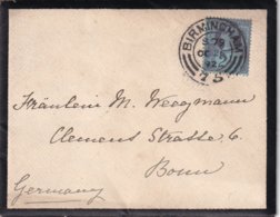 GRANDE-BRETAGNE 1892 LETTRE DE BIRMINGHAM POUR BONN - Storia Postale