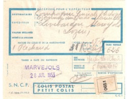 MARVEJOLS Récépissé Expédition Petit Colis SNCF Dest Marseille St Charles 28/7/1953 Réchaud Exp C G E Electricité - Transports
