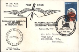 CP Aerial Postman 50th Anniversary Cachet Illustré First Air Mail South Australia Victoria Mt Gambier 27 2 67 YT 344 - Lettres & Documents