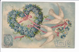 AMITIÉ - Carte Gauffrée ( Coeur En Violettes Tiré Par 2 Colombes) Initiales T.L. En Relief En Haut à Gauche - Other & Unclassified